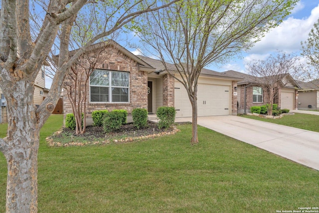 ranch-style house with a front lawn, a garage, brick siding, and driveway