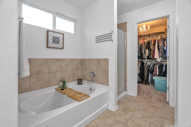 full bath featuring a shower stall, a bath, and a spacious closet