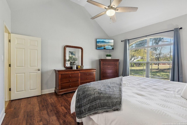 bedroom featuring high vaulted ceiling, baseboards, dark wood-type flooring, and a ceiling fan