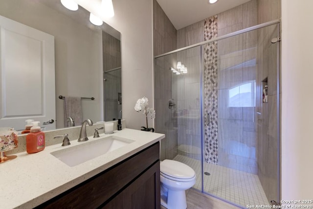 full bath featuring a shower stall, vanity, and toilet