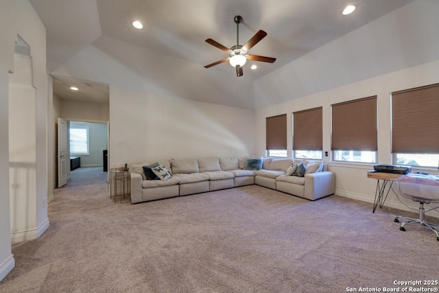 carpeted living room with recessed lighting, baseboards, lofted ceiling, and ceiling fan