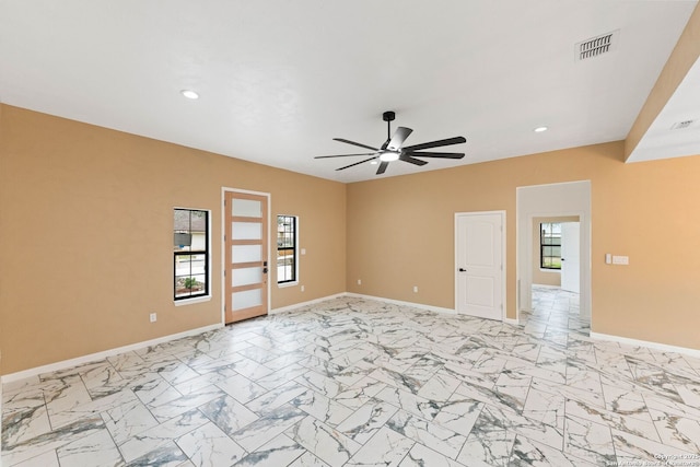 unfurnished room featuring visible vents, marble finish floor, a ceiling fan, recessed lighting, and baseboards