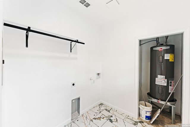 washroom featuring visible vents, electric water heater, laundry area, marble finish floor, and electric dryer hookup