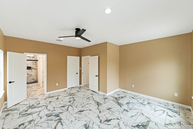 unfurnished bedroom with visible vents, baseboards, recessed lighting, marble finish floor, and a ceiling fan