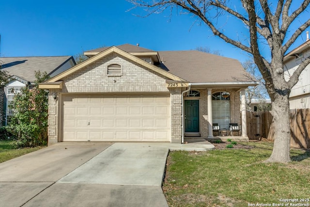 view of front facade featuring fence, a porch, concrete driveway, a garage, and brick siding