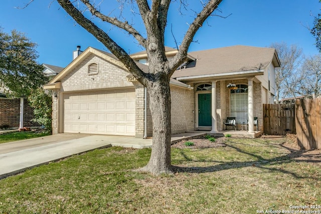 view of front of home featuring brick siding, concrete driveway, fence, and a garage