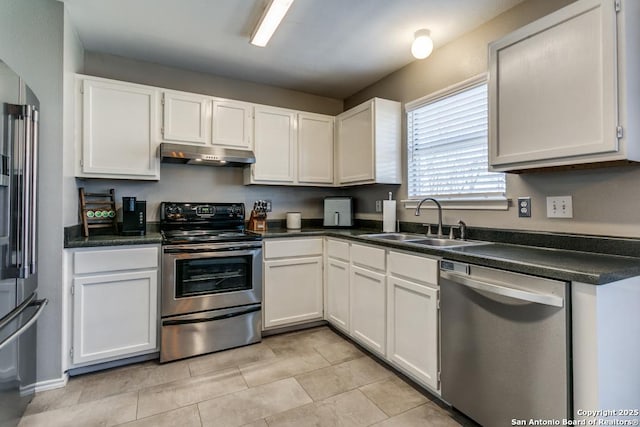 kitchen featuring a sink, stainless steel appliances, white cabinets, under cabinet range hood, and dark countertops