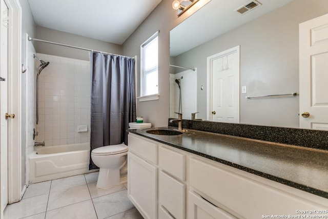 bathroom featuring tile patterned floors, visible vents, toilet, shower / bath combo, and vanity