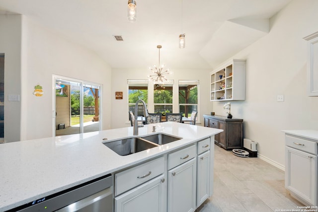 14019 Tahoe Vis, San Antonio, TX 78253 - kitchen with vaulted ceiling, visible vents, dishwasher, a sink, and hanging light fixtures