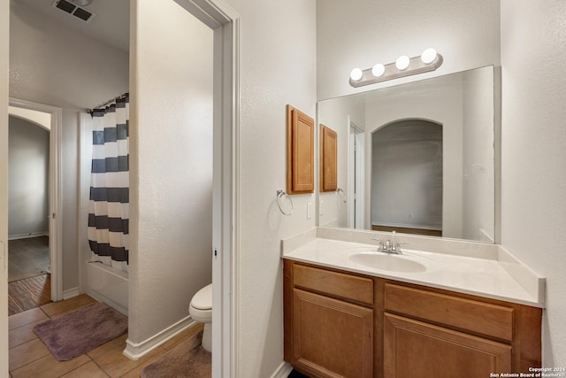 14019 Tahoe Vis, San Antonio, TX 78253 - bathroom with vanity, tile patterned flooring, visible vents, toilet, and shower / tub combo with curtain