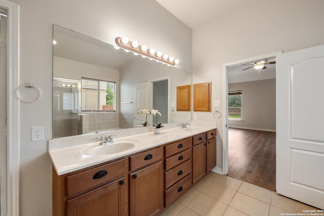 14019 Tahoe Vis, San Antonio, TX 78253 - bathroom featuring a sink, tile patterned floors, double vanity, and a ceiling fan