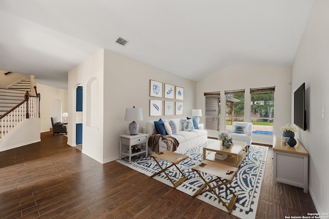 14019 Tahoe Vis, San Antonio, TX 78253 - living area with visible vents, arched walkways, stairway, wood finished floors, and lofted ceiling