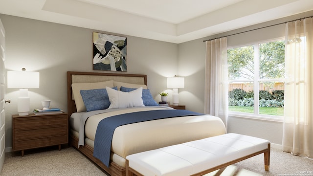 bedroom with a tray ceiling, light carpet, and baseboards