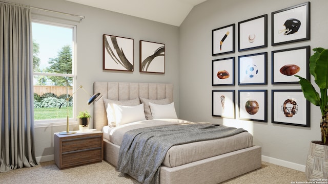 bedroom featuring light carpet, baseboards, and vaulted ceiling