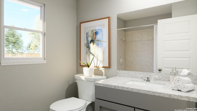 bathroom featuring toilet, vanity, walk in shower, and a textured wall