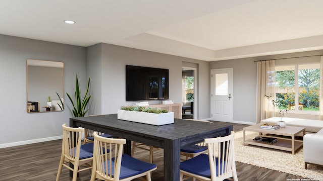 dining area with recessed lighting, baseboards, plenty of natural light, and dark wood-style floors