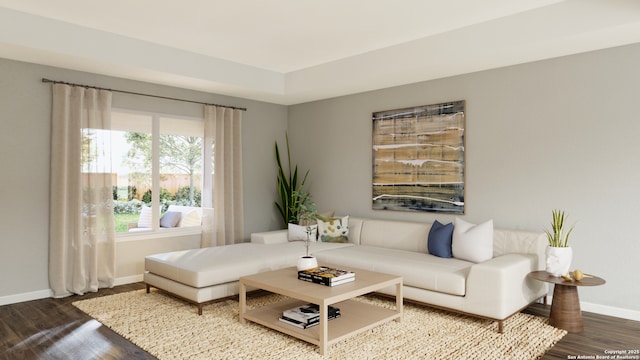 living room with baseboards and dark wood-type flooring