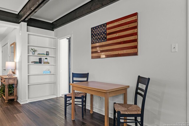 217 T Bar M # B21, New Braunfels, TX 78132 - dining room with beam ceiling, built in shelves, and dark wood-type flooring