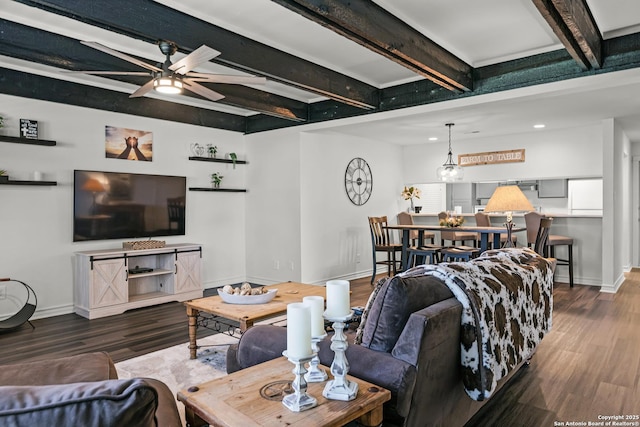 217 T Bar M # B21, New Braunfels, TX 78132 - living area with beamed ceiling, ceiling fan, baseboards, and wood finished floors