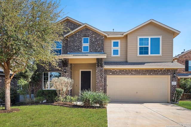 12604 Brite Rnch, San Antonio, TX 78245 - view of front of property featuring driveway, roof with shingles, a front lawn, a garage, and brick siding