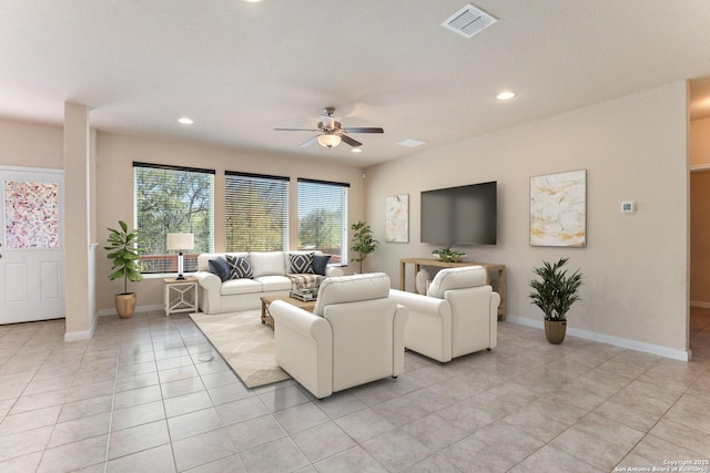 12604 Brite Rnch, San Antonio, TX 78245 - living room featuring recessed lighting, light tile patterned flooring, a ceiling fan, and visible vents