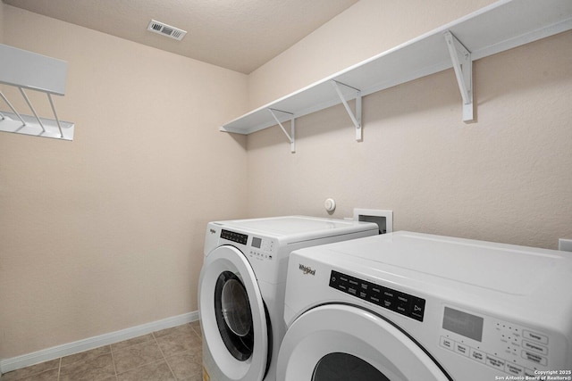 12604 Brite Rnch, San Antonio, TX 78245 - clothes washing area with visible vents, washer and clothes dryer, a textured ceiling, baseboards, and laundry area