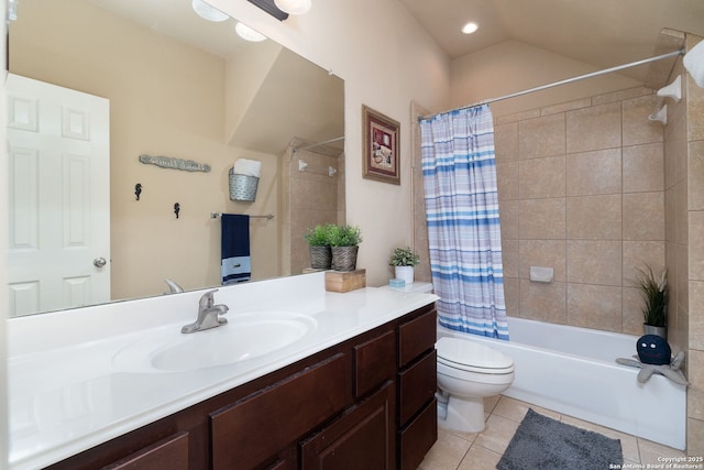 bathroom featuring vanity, lofted ceiling, tile patterned floors, toilet, and shower / tub combo with curtain