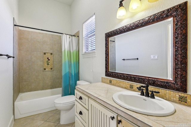 full bath with tile patterned floors, toilet, shower / bath combo, decorative backsplash, and vanity