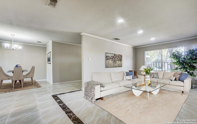 living room with a chandelier, visible vents, crown molding, and baseboards