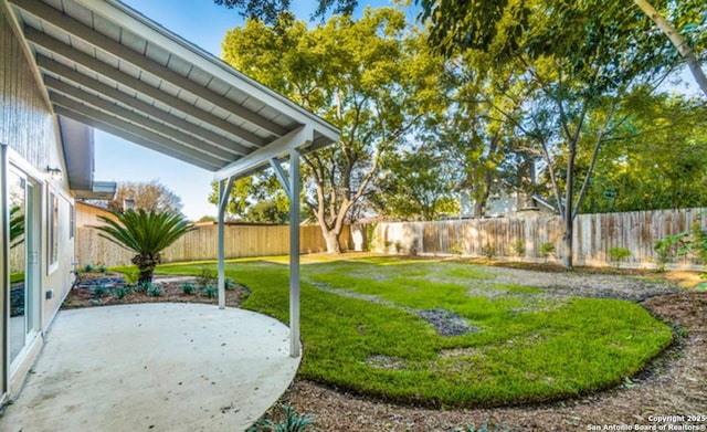 view of yard featuring a patio area and a fenced backyard