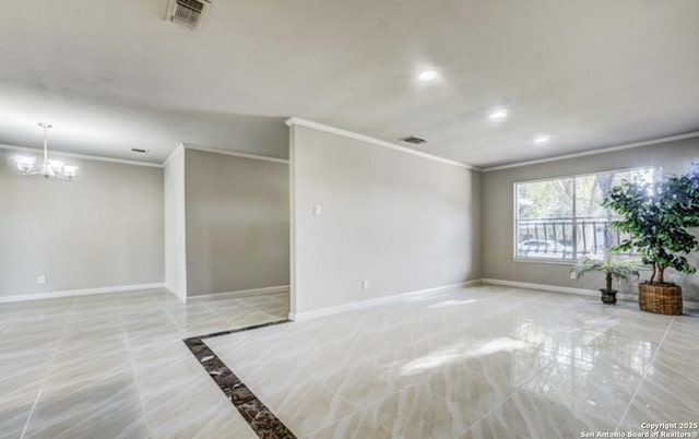 empty room featuring visible vents, baseboards, a notable chandelier, and crown molding