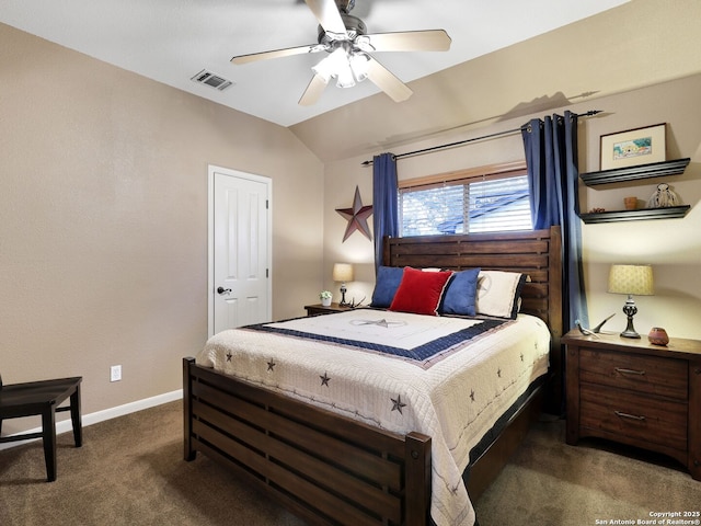 carpeted bedroom featuring visible vents, a ceiling fan, baseboards, and vaulted ceiling