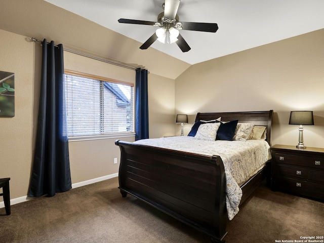 bedroom featuring dark carpet, ceiling fan, baseboards, and vaulted ceiling