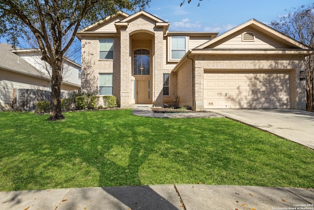 traditional-style home featuring a garage, brick siding, concrete driveway, and a front yard