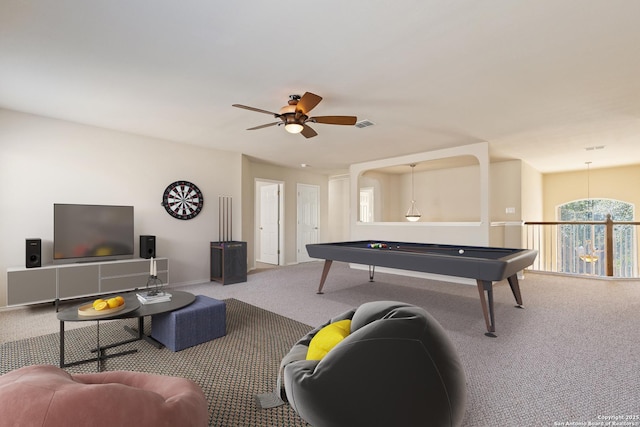 game room with visible vents, billiards, a ceiling fan, carpet floors, and baseboards