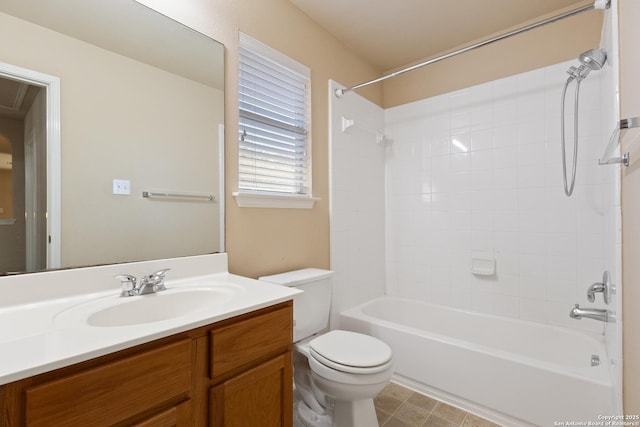 full bath featuring washtub / shower combination, toilet, and vanity