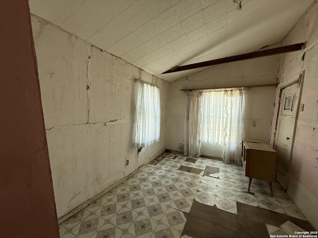 miscellaneous room with lofted ceiling and light floors