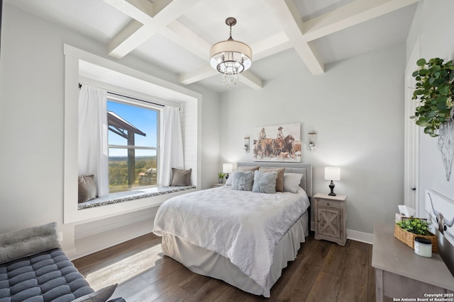 bedroom featuring a notable chandelier, baseboards, coffered ceiling, and dark wood-style flooring