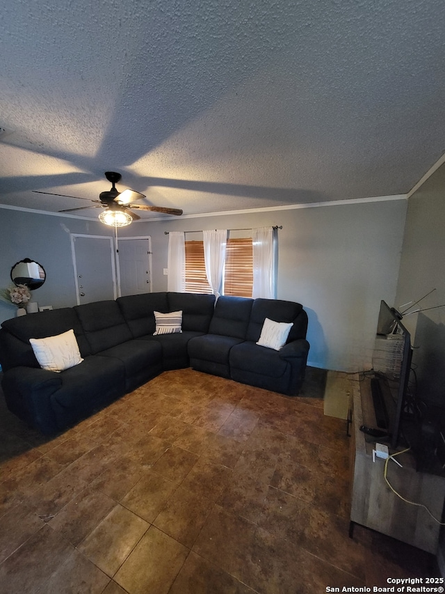 living room with crown molding, a ceiling fan, and a textured ceiling