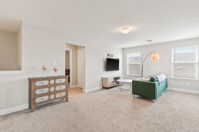 carpeted living area with visible vents, baseboards, and a textured ceiling