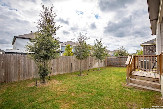 view of yard featuring a deck, central air condition unit, and a fenced backyard