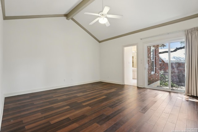 empty room featuring ornamental molding, a ceiling fan, dark wood-style floors, baseboards, and vaulted ceiling with beams