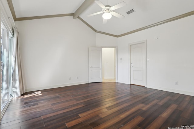 unfurnished room featuring beam ceiling, visible vents, plenty of natural light, and dark wood-type flooring