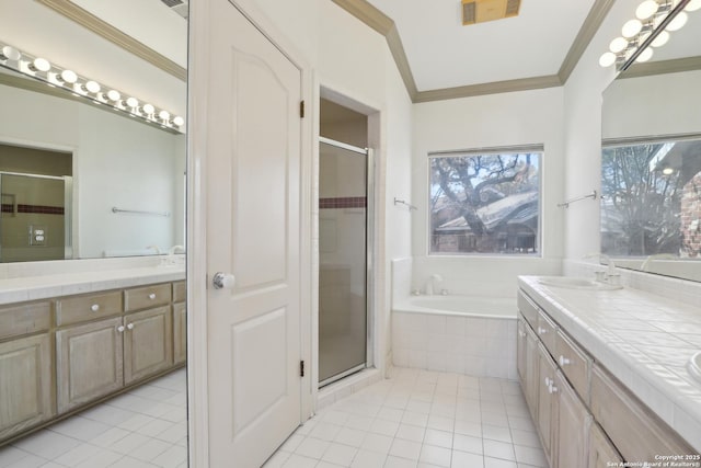 bathroom with visible vents, a stall shower, ornamental molding, double vanity, and a bath