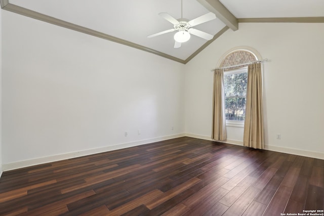 unfurnished room with dark wood-type flooring, vaulted ceiling with beams, a ceiling fan, and baseboards