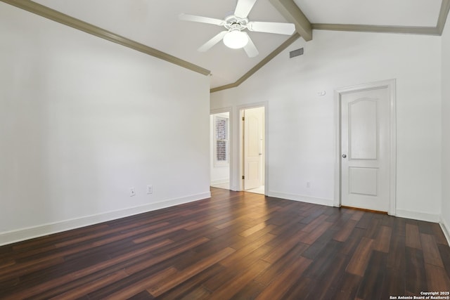 empty room with visible vents, dark wood-type flooring, baseboards, ceiling fan, and vaulted ceiling with beams