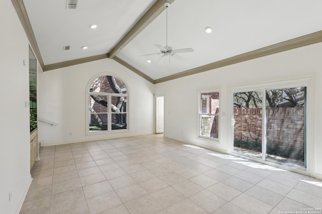 unfurnished room featuring light tile patterned flooring, lofted ceiling with beams, baseboards, and ornamental molding