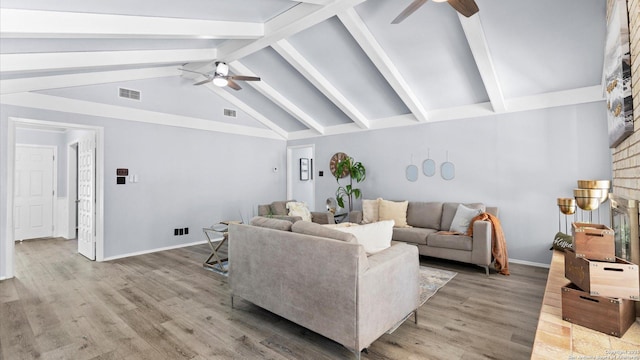 living room featuring light wood finished floors, visible vents, lofted ceiling with beams, and ceiling fan