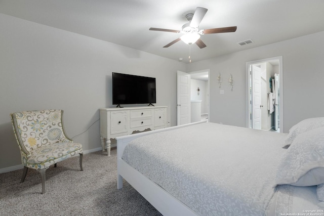 carpeted bedroom featuring a ceiling fan, baseboards, and visible vents