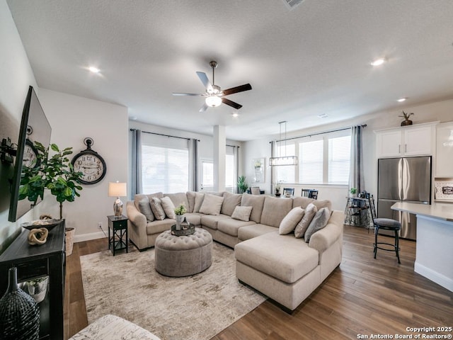 living area featuring baseboards, dark wood-type flooring, and a textured ceiling